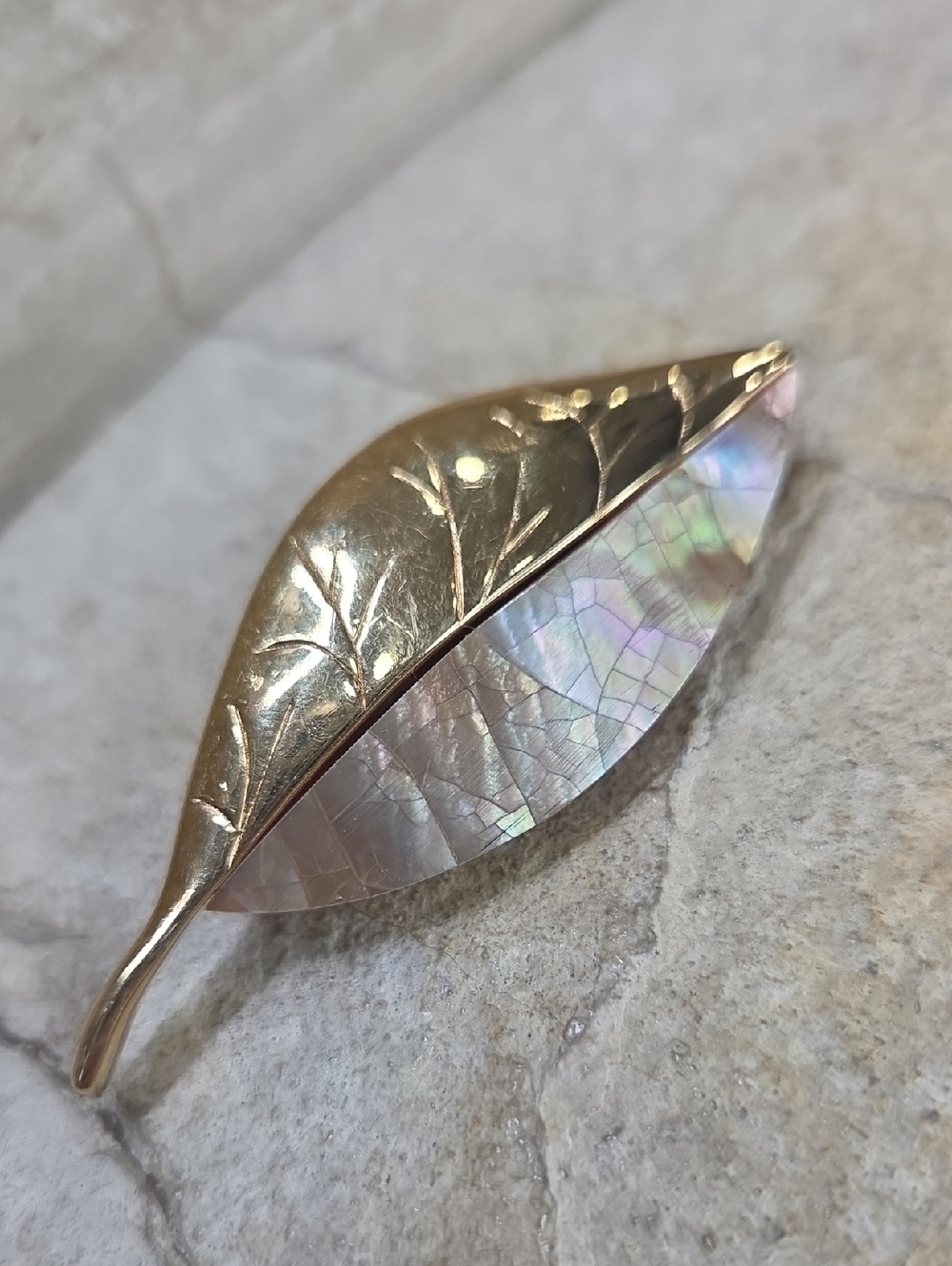 Vintage LC Gold Leaf Brooch with Iridescent Mother-of-Pearl Inlay